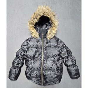 Appaman‎ Girls Black Camo Shiny Fur Trimmed Hooded Zipped Puffer Coat Size 6 EUC